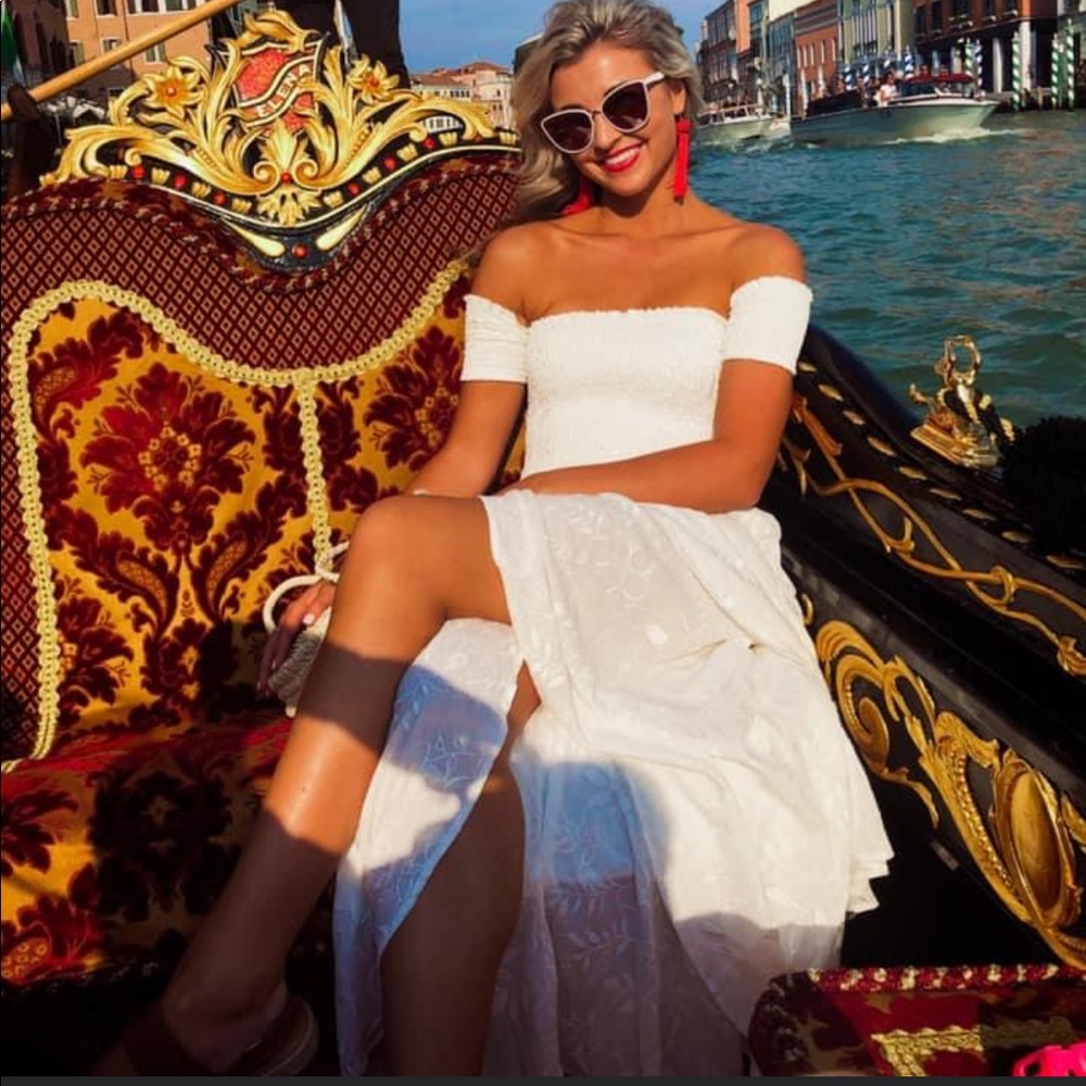 White off the shoulder high low dress